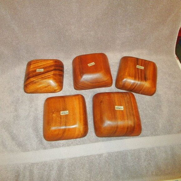 Vintage SET OF 5 Monkey Pod BOWLS Acacia Carved WOOD Square SALAD Fruit MCM 70s - Picture 1 of 11